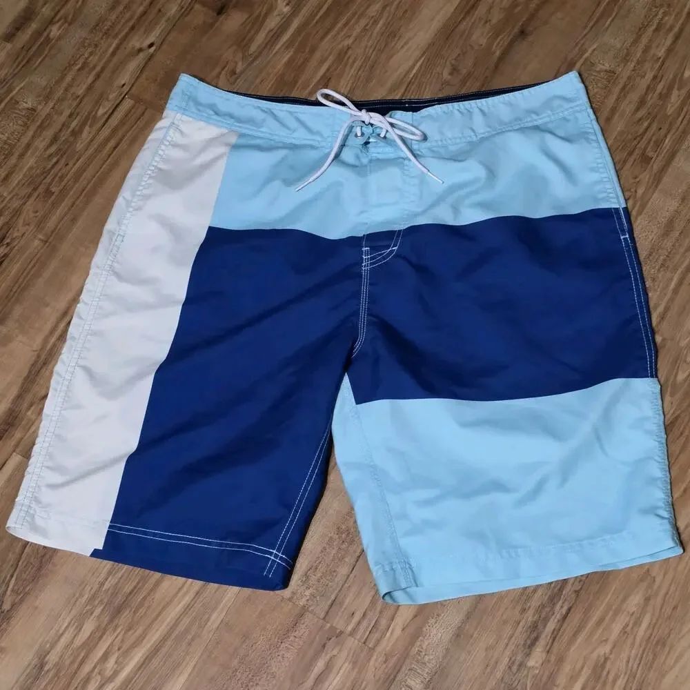 Nautica Men’s Board Shorts 38W Blue Colorblock Swim Trunks 100% Polyester